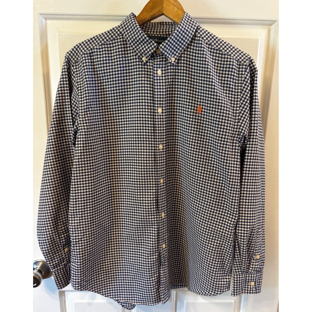 Ralph Lauren Mens XL Gingham Button Down Shirt Navy White Orange Pony Cotton